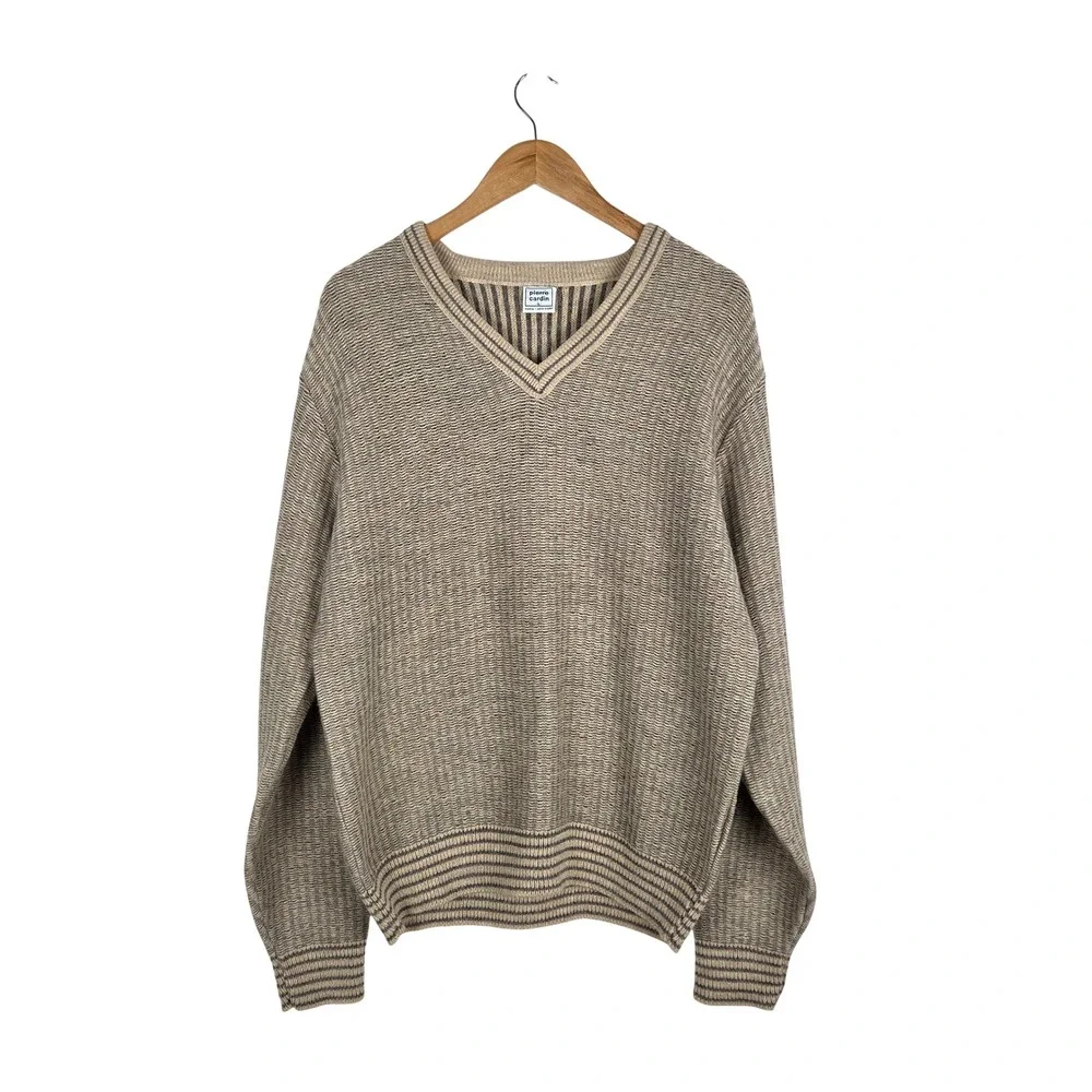 Vintage Pierre Cardin Men's V-Neck Sweater Tan Striped Knit Size L Preppy Casual